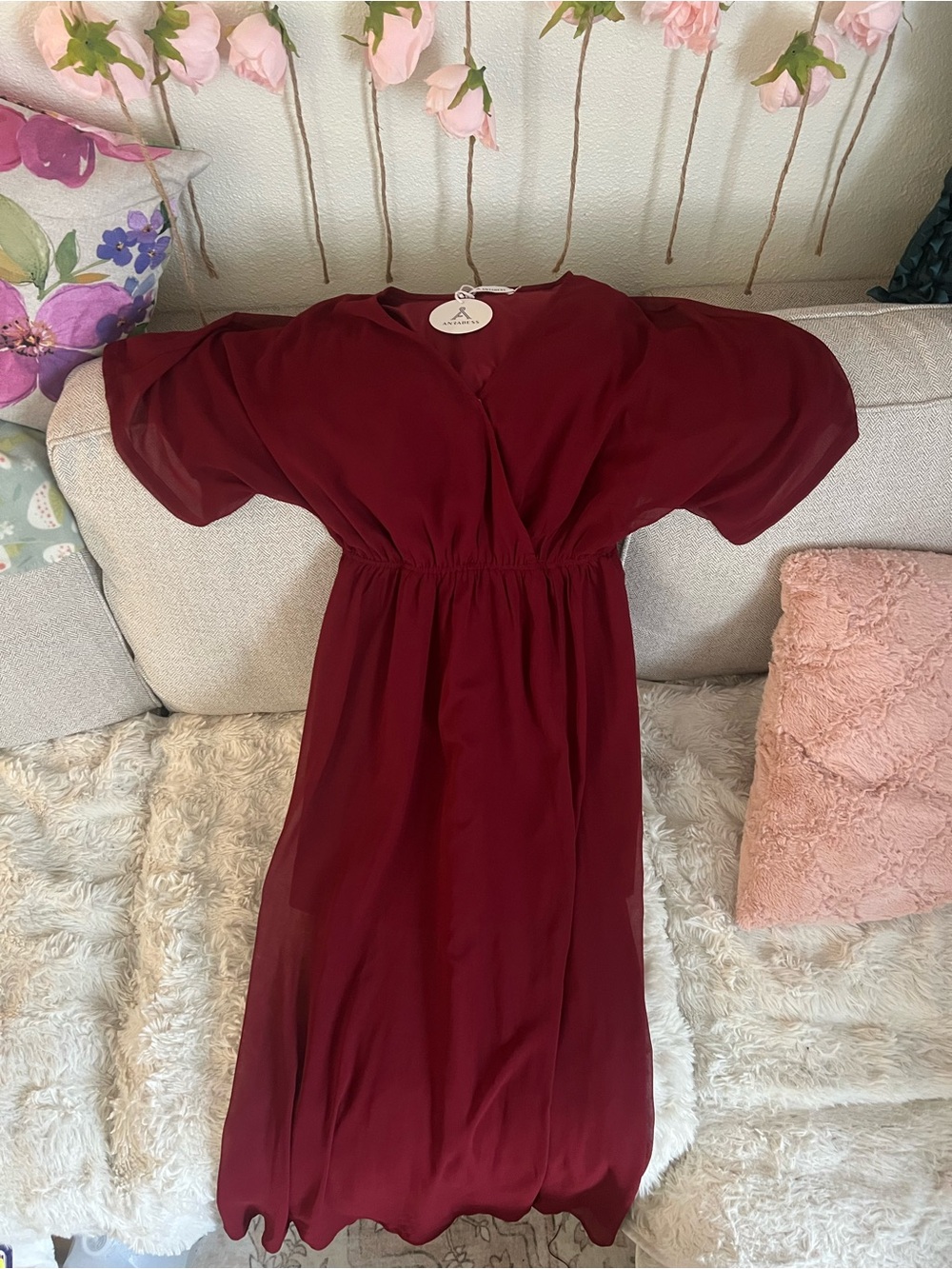 Burgundy Midi Dress with Gathered Waist